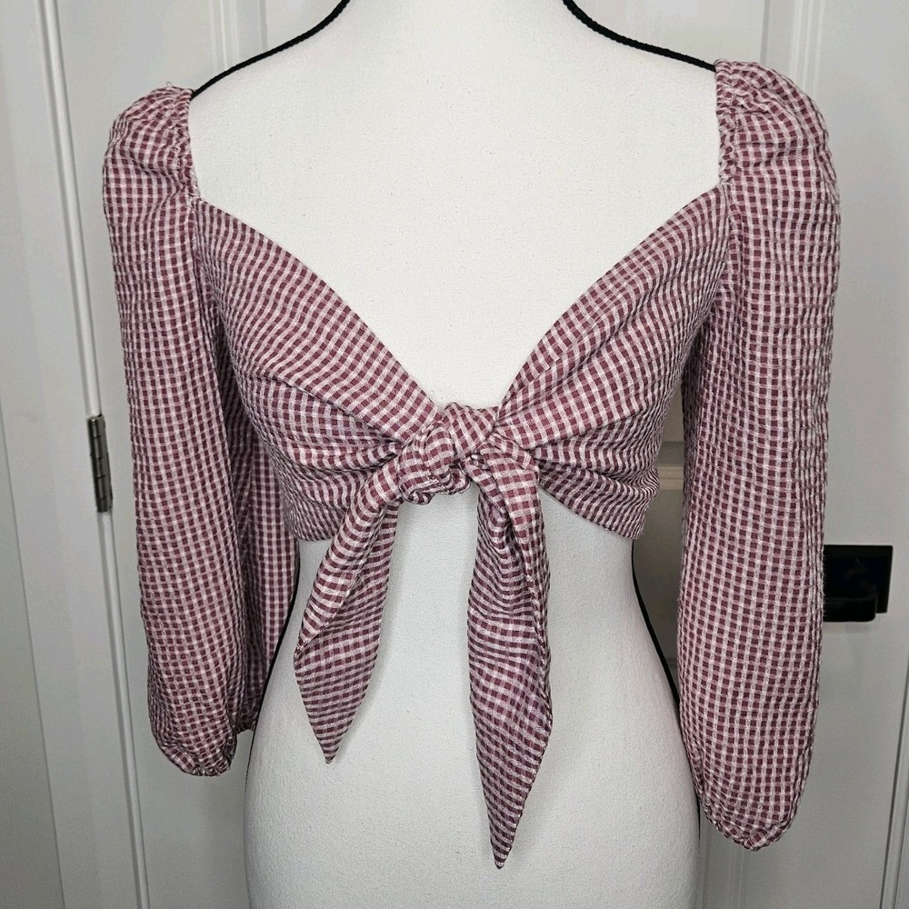 NWT Wayf Digby Front Tie Crop Top Gingham Puff Sleeve Size XS Boho Cowgirl - Picture 1 of 10
